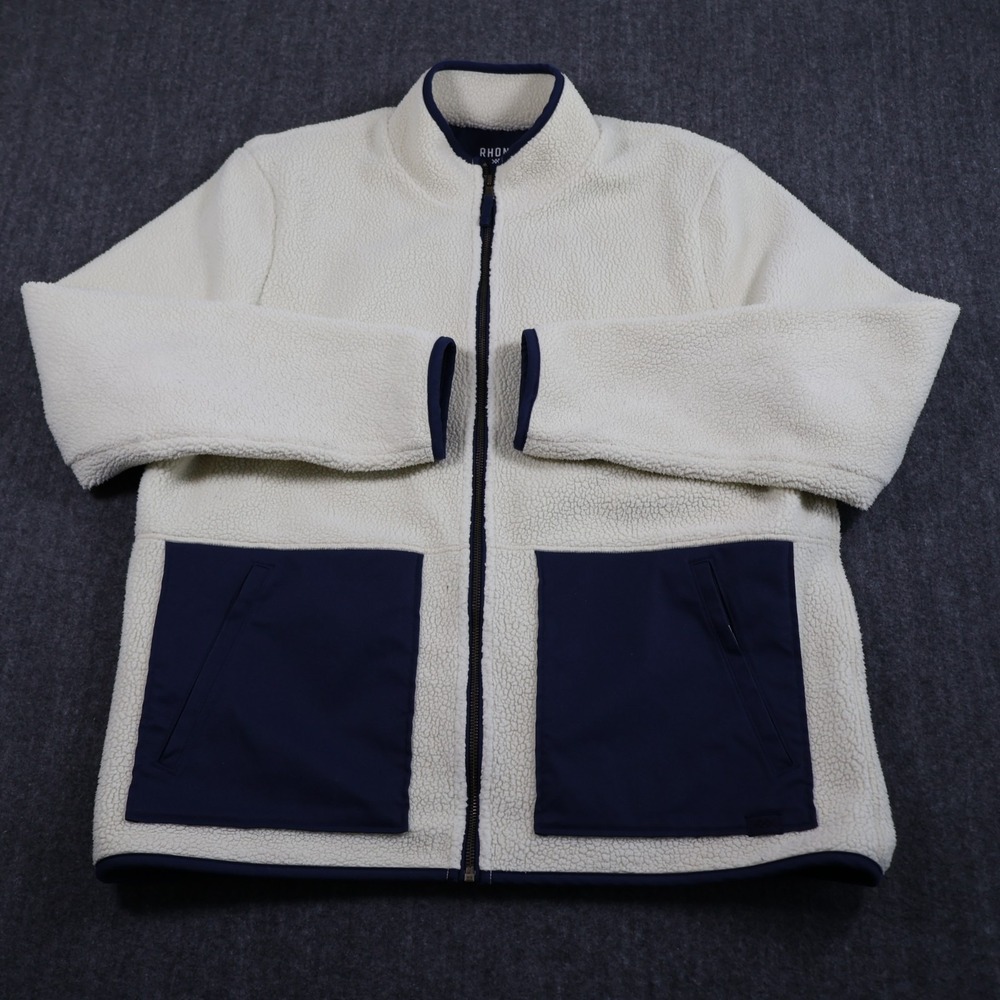 Rhone Mens XL Sherpa Fleece Jacket Ivory Navy Full Zip Outdoor Pockets